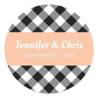 Peach Black and White Buffalo Plaid Wedding Classic Round Sticker
