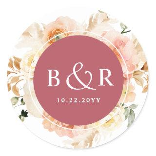 Peach Blush and Burgundy Wedding Envelope / Favor Classic Round Sticker