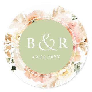 Peach, Blush and Green Wedding Envelope / Favor Classic Round Sticker