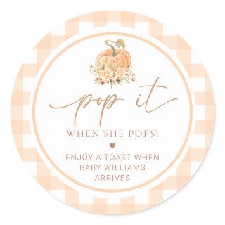 Peach Gingham Pumpkin Pop It When She Pops Classic Round Sticker