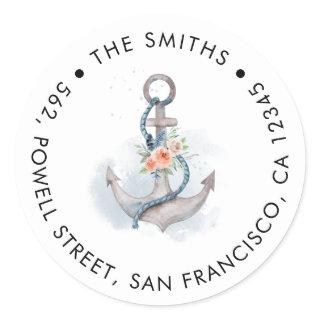 Peach Pink Floral Anchor Return Address Classic Round Sticker