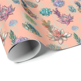 *~* Peach Salmon Blue Green Succulent Pattern