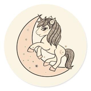 Peachy Blush Pink Celestial Moon & Stars Unicorn Classic Round Sticker