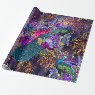 Peacock and Flowers on Purple