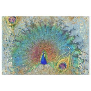 Peacock Blue Teal Gold Foil Rococo Scroll Feathers Tissue Paper