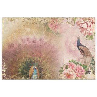 Peacock Blush Pink Peony Floral Gold Decoupage Tissue Paper