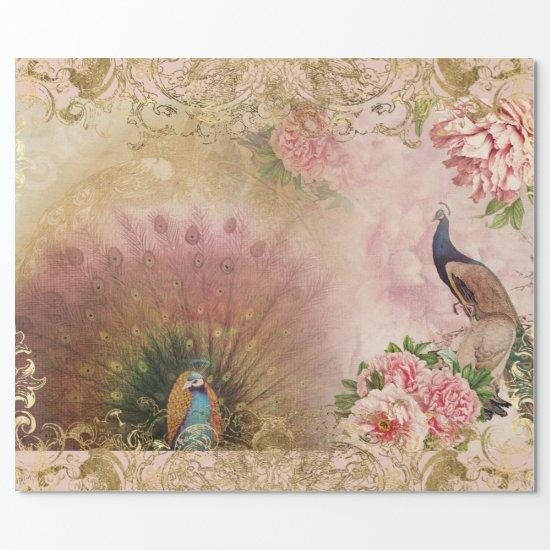 Peacock Blush Pink Peony Floral Gold Decoupage