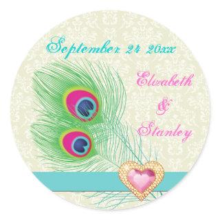 Peacock feather jewel heart wedding Save the Date Classic Round Sticker