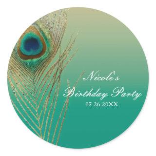 Peacock Feather Sand and Teal Boho Party Favor Classic Round Sticker