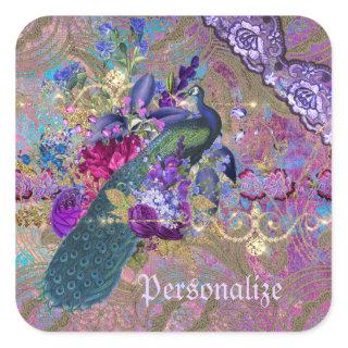 Peacock floral lace diamond elegant purple teal square sticker
