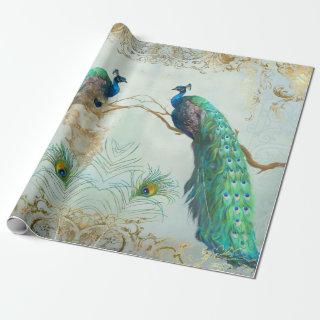Peacock n Feathers Pair Blue Gold Decoupage