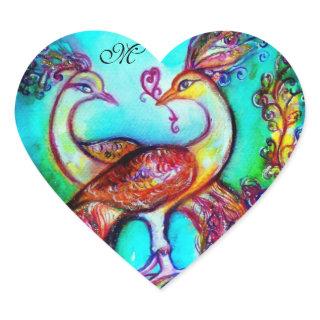 PEACOCKS IN LOVE HEART MONOGRAM Valentine's Day Heart Sticker