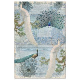 Peacocks n Feathers White Blue Craft Decoupage  Tissue Paper