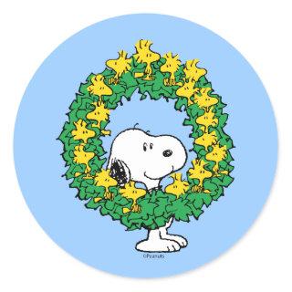 Peanuts | Snoopy & Woodstock Christmas Wreath Classic Round Sticker