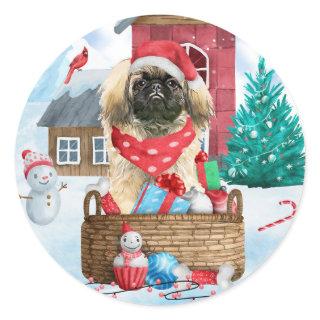 Pekingese Dog In snow Christmas Dog House Classic Round Sticker