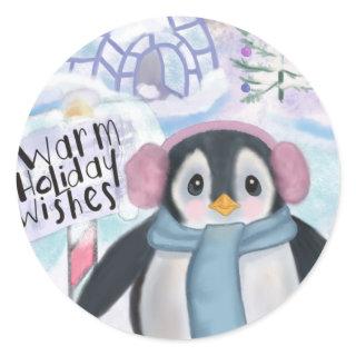 Penguin and Igloo Northern Lights Scene Classic Round Sticker