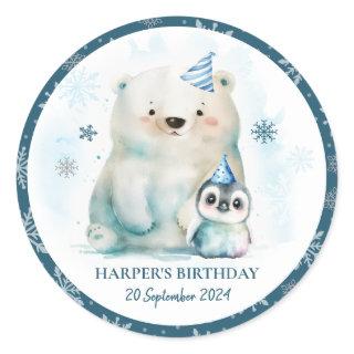 Penguin and Polar Bear Winter Birthday Classic Round Sticker