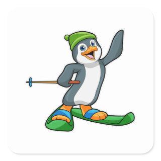 Penguin as Skier with Ski & Cap Square Sticker