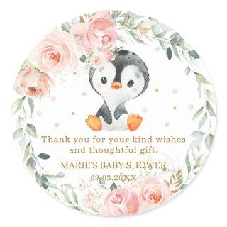 Penguin Blush Floral Baby Shower Birthday Party Classic Round Sticker