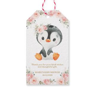 Penguin Blush Floral Baby Shower Birthday Party Gi Gift Tags
