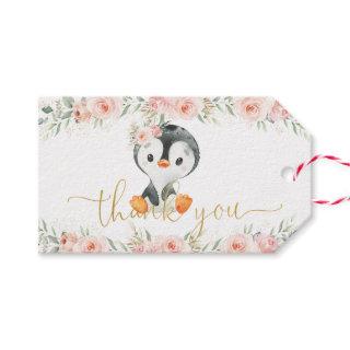 Penguin Blush Floral Baby Shower Birthday Party Gift Tags