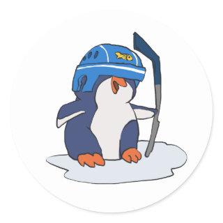 Penguin hockey player | choose background color classic round sticker