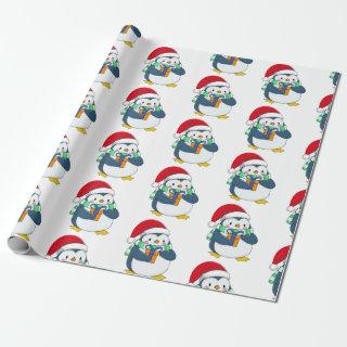 Penguin in a Christmas hat with a gift