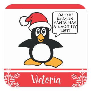 Penguin Naughty List Personalized Christmas Square Sticker