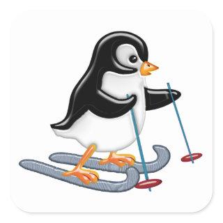 Penguin on Skis Square Sticker