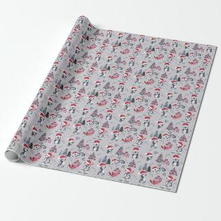 Penguins in Santa Hats Winter Scene Gray Pattern