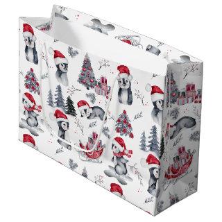 Penguins in Santa Hats Winter Scene Pattern Large  Large Gift Bag