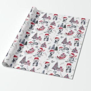 Penguins in Santa Hats Winter Scene Pattern