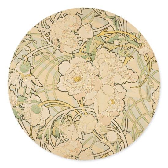 Peonies by Alphonse Mucha, Vintage Art Nouveau Classic Round Sticker