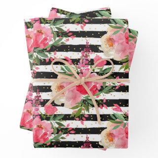 Peonies Floral Black White Stripes  Sheets