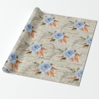 Peony Floral Dusty Blue Vintage Script Ephemera