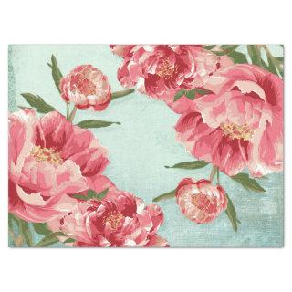 Peony Floral Pink Red Mint Retro Vintage Chintz  Tissue Paper