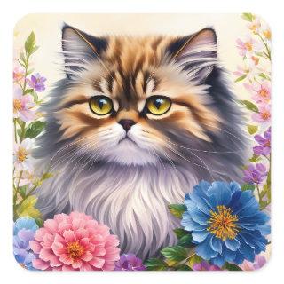 Persian Cat Floral Art Square Sticker