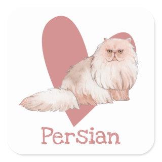 Persian Cat Watercolor Kitty Pink Heart Square Sticker