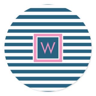 Personalised Monogram Slate Blue and White Striped Classic Round Sticker