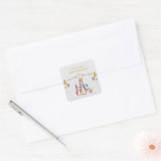 Personalize Peter rabbit gray linen 1st Birthday Square Sticker