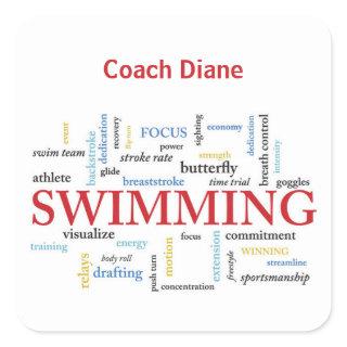 Personalize, Swimming Coach Thank You In Words Square Sticker
