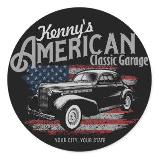 Personalized American Vintage Classic Car Garage  Classic Round Sticker