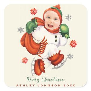 Personalized Baby Face Photo Chubby Santa  Square Sticker