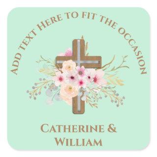 Personalized Baptism & Christening Floral Cross Square Sticker