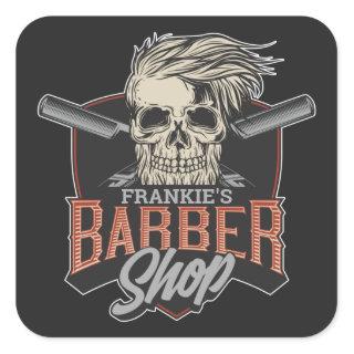 Personalized Barber Shop Hipster Skull and Razors  Square Sticker
