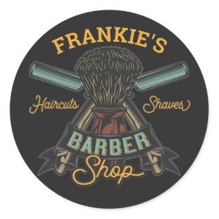 Personalized Barber Shop Retro Haircuts Shaves Classic Round Sticker