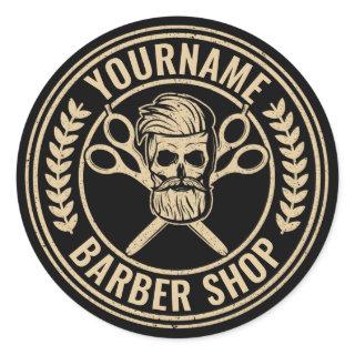 Personalized Barber Shop Skull Rockabilly Salon Classic Round Sticker