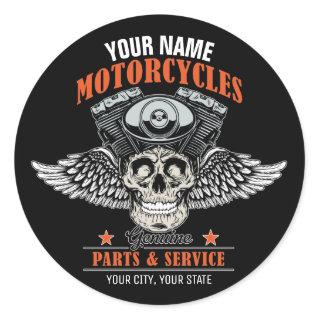Personalized Biker Flying Skull Motorcycle Shop  Classic Round Sticker