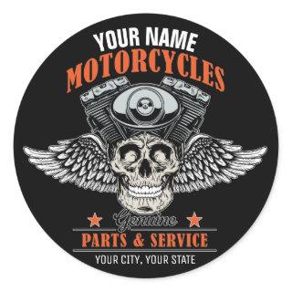 Personalized Biker Flying Skull Motorcycle Shop  Classic Round Sticker