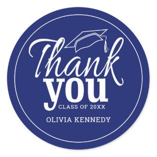 Personalized Blue And White Graduation Thank You Classic Round Sticker